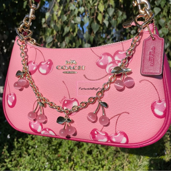 Hand Crafted Handbags - Pink Crystal Cherry Bag Charm Chain Novelty Purse Strap Baby Pink Cherries Charm